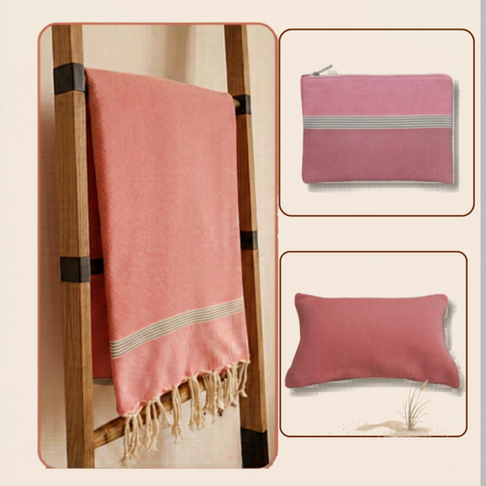 Voordeelbundel: Strandlaken + strandkussen + mini-strandtasje Koraal/Roze