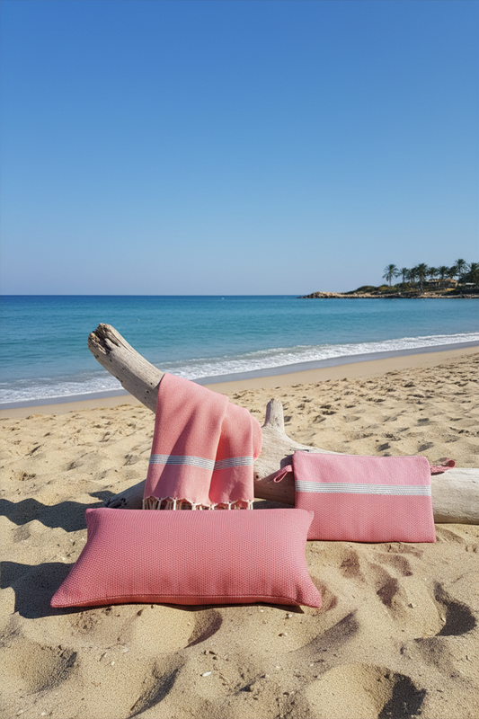 Strandlaken + strandkussen + mini-strandtasje Koraal/Roze